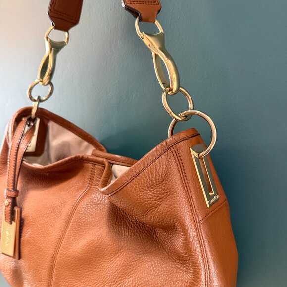 CALVIN KLEIN Cognac Pebbled Leather Hobo | Gold Ring Hardware - Picture 6 of 14
